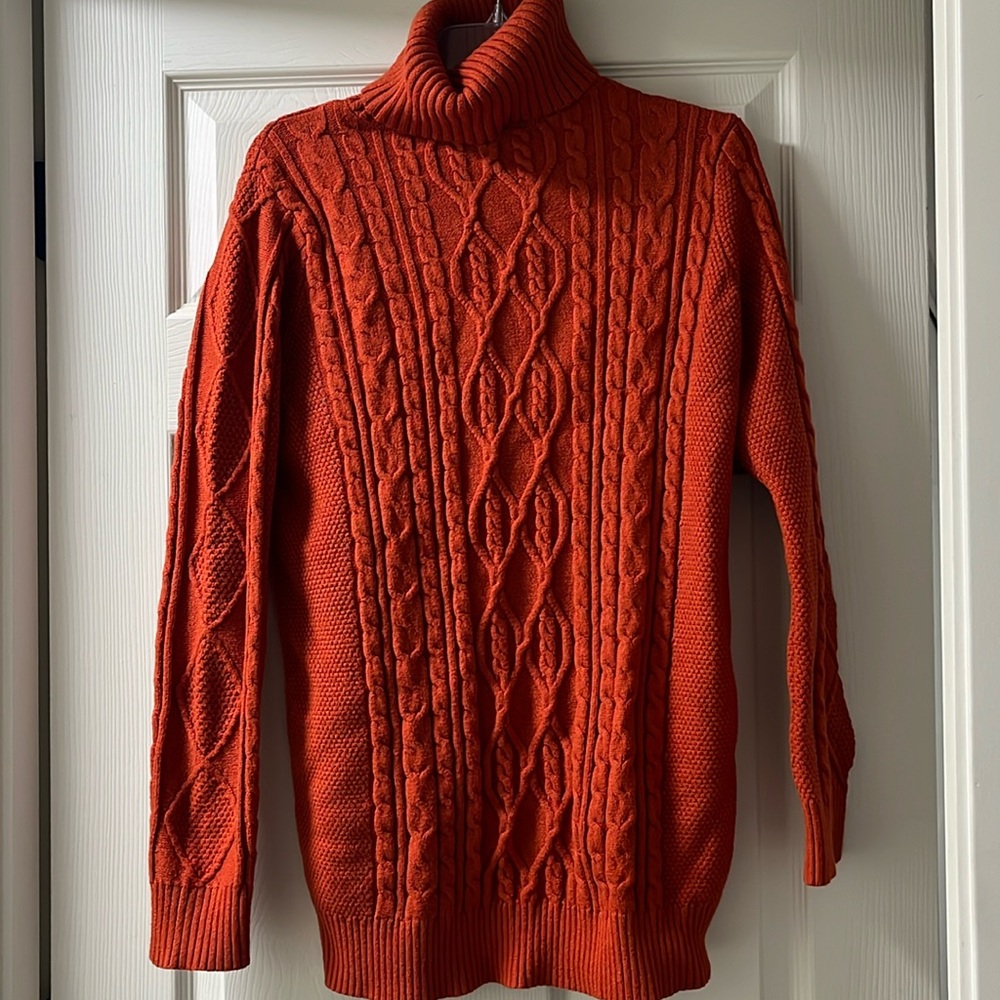 Turtleneck cable knit rust orange sweater